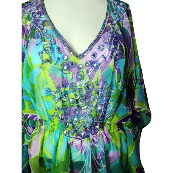 Kohinoor Embellished Kimono Swim Cover Up One Size Sheer Beach Tropical Flowy - Picture 2 of 5
